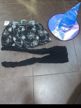 Girls Black Spiderweb Skirt and Tights Set - Witch Costume hat